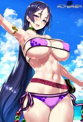 1girls ai_generated alterism armlet beach big_breasts bikini bikini_bottom bikini_top black_hair blush choker cleavage covered_nipples curvaceous curvy curvy_figure day fate/grand_order fate_(series) female_focus forehead hair_ornament hourglass_figure huge_breasts light-skinned_female light_skin long_hair looking_at_viewer mature_female milf minamoto_no_raikou_(fate) minamoto_no_raikou_(fate/grand_order) minamoto_no_raikou_(swimsuit_lancer) naughty_face navel open_mouth outdoors pale_skin pink_bikini posing purple_eyes purple_hair shiny_skin skindentation sky standing thick_thighs thighs underboob very_long_hair wet wet_skin