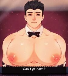 1boy animal_print bara bara_tiddies bara_tits big_breasts big_pecs black_bowtie black_hair bowtie bowtie_only busty erect_nipples francis_mosses huge_breasts huge_pecs huge_pectorals human human_only light-skinned_male light_skin looking_at_viewer male male_chest male_focus male_nipples male_only manboobs milkman moobs muscular muscular_male nipples pecs pectorals solo solo_focus solo_male standing talking_to_viewer text text_box that's_not_my_neighbor