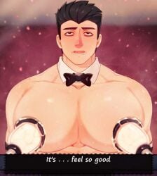1boy animal_print bara bara_tiddies bara_tits big_breasts big_pecs black_bowtie black_hair bowtie bowtie_only busty erect_nipples francis_mosses huge_breasts huge_pecs huge_pectorals human human_only light-skinned_male light_skin looking_up male male_chest male_focus male_milking male_nipples male_only manboobs milk_squirt milking milking_breasts milking_cum milking_machine milking_machine_on_male milkman moan moaning moobs mouth_open muscular muscular_male nipples open_mouth pecs pectorals solo solo_focus solo_male standing sweat sweating talking_to_viewer text text_box that's_not_my_neighbor