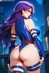 2d ai_generated ass blue_leotard elbow_gloves leotard long_hair marvel night psylocke purple_hair tagme thighhighs x-men