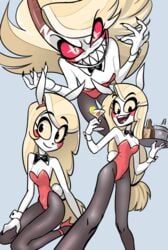 1girls blonde_hair bodysuit bowtie bunny_girl bunny_tail bunnysuit casual centinel303 charlie_morningstar_(hazbin_hotel) cherry clothed clothing cotton_tail cuffs demon_form drink female footwear hazbin_hotel high_heels humanoid legwear lemon neckwear pale_skin png rabbit smile straight_hair ta-na tagme tights vivienne_medrano waitress wristwear