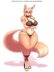 anthro battle_franky blush breasts clothed clothing fan_character female female_only ferra_(battle_franky) fluffy fluffy_tail fox nipples orange_fur orange_hair partially_clothed pussy simple_background smile solo standing tail vagina white_background