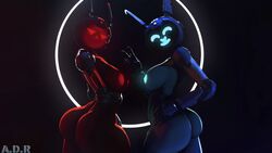 2girls 3d angry anthro ass big_ass blue_body blue_nipples breasts dat_ass duo female female_only fortnite frown gemini_(fortnite) gesture glowing_nipples happy huge_ass lagomorph large_breasts mammal nipples nude rabbit red_body red_nipples robot sad smile tagme v