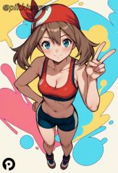 ai_generated bandana bangs bike_shorts blue_eyes blush breasts brown_hair cleavage closed_mouth collarbone female from_above full_body hair_between_eyes hand_on_hip hand_up looking_at_viewer may_(pokemon) medium_breasts midriff navel pikkiwynn pokemon red_bandana shoes shorts smile sneakers solo sports_bra standing v