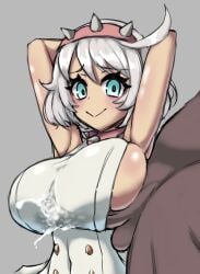 1boy 1girls aqua_eyes armpits big_breasts blush breasts clothed_paizuri cum cum_on_body cum_on_breasts cum_on_upper_body cum_through_clothes cum_through_clothing dark-skinned_male dark_skin dizner ejaculation ejaculation_between_breasts ejaculation_under_clothes elphelt_valentine female grey_background guilty_gear guilty_gear_strive hairband hands_behind_head highres huge_breasts large_penis light-skinned_female light_skin male paizuri paizuri_under_clothes penis pink_hairband short_hair simple_background smile spiked_hairband tagme titjob underboob_paizuri white_hair