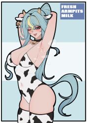 1girls armpits blue_hair cow_ears cow_horns cow_print cow_print_thighhighs female female_only kaminari_clara looking_at_viewer pendramon phase_connect phase_connect_jp revealing_clothes solo stockings sweaty_armpits thighhighs virtual_youtuber