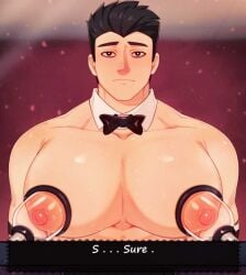 1boy animal_print bara bara_tiddies bara_tits big_areola big_breasts big_nipples big_pecs black_bowtie black_hair bowtie bowtie_only busty erect_nipples francis_mosses huge_breasts huge_pecs huge_pectorals human human_only light-skinned_male light_skin looking_at_viewer male male_chest male_focus male_milking male_nipples male_only manboobs milking milking_breasts milking_machine milking_machine_on_male milkman moobs muscular muscular_male nipples pecs pectorals solo solo_focus solo_male standing sweat sweating talking_to_viewer text text_box that's_not_my_neighbor