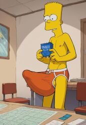 1boy ai_generated bart_simpson briefs briefs_only bulge bulge_through_clothing cartoon commentary_request condom condom_box condom_wrapper erect_nipples erection erection_under_clothes indoors male_focus male_only male_underwear p0k3cock tagme the_simpsons