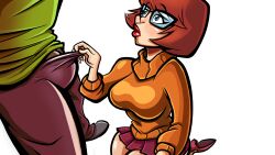 1boy 1girls breasts brown_hair bulge female glasses hanna-barbera human kneeling lipstick looking_up_at_partner male nerdy_female newman_(artist) pulling_pants_down red_lipstick scooby-doo shaggy_rogers straight transparent_background velma_dinkley voluptuous voluptuous_female