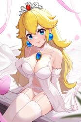 ai_generated bridal_lingerie jewelry mario_(series) princess_peach smiling_at_viewer stockings super_mario_odyssey wedding_dress