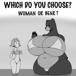 2girls anthro bear ber00 big_breasts bikini breasts chubby english_text female female_only huge_breasts human larger_female meme mostly_nude nipple_bulge size_difference smaller_female solo standing text thick_thighs water wide_hips woman_or_bear_(meme)