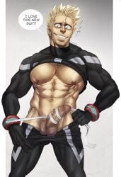 1boy abs bara beard_stubble biceps blonde_hair body_hair bodysuit boku_no_hero_academia bracelet bubaigawara_jin facial_hair feet_out_of_frame hairy highres huge_pectorals jewelry jin_bubaigawara male_focus manly mature_male muscular muscular_male my_hero_academia nipples pectorals precum saliva saliva_trail scar simple_background smirk solo soynutts spandex speech_bubble spiked_hair stubble suit sweat tape_measure teeth tight_clothes twice veins