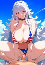 1boy 1girls ai_generated american_flag_bikini azur_lane big_breasts blush breasts cum cum_in_pussy graf_zeppelin_(azur_lane) huge_breasts large_breasts long_hair looking_at_viewer looking_pleasured mature_female mature_woman milf on_bed red_eyes sex smiling smiling_at_viewer vaginal_penetration