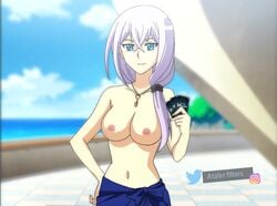 accurate_art_style beach cardfight!!_vanguard cards casual_nudity casual_topless edit misaki_tokura nipples nude_filter screenshot_edit silver_hair swimsuit topless