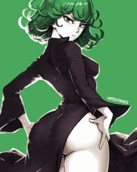 1girls artist_name ass big_ass black_dress bottom_heavy breasts child_bearing_hips closed_mouth collared_dress curly_hair curvy dress female female_focus from_behind green_background green_eyes green_hair green_theme hands_on_own_hips highres huge_ass long_sleeves looking_at_viewer looking_back matching_hair/eyes medium_breasts medium_hair missfaves one-punch_man short_hair side_slit small_breasts solo tatsumaki thick_thighs thighs thunder_thighs v-shaped_eyebrows wide_hips