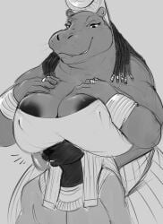 2024 4_fingers absurd_res anthro anthro_on_anthro anthro_only anubian_jackal anubis areola areola_slip big_areola big_breasts big_snout biped boob_hat bottomwear bracelet braided_hair breasts canid canine canis cleavage cleavage_overflow clothed clothed_anthro clothed_female clothing common_hippopotamus curved_eyebrows dark_areola dark_body dark_hair dark_nose deity digit_ring digital_drawing_(artwork) digital_media_(artwork) doctordj dreadlocks duo egyptian_headdress egyptian_mythology eyebrows eyelashes female fingers greyscale hair hand_on_breast hand_on_own_breast hi_res hippopotamid huge_areola huge_breasts humanoid_hands ineffective_clothing interspecies jackal jewelry larger_female long_hair looking_down male male/female mammal marvel marvel_cinematic_universe middle_eastern_mythology monochrome moon_knight_(series) mythology obscured_eyes ring_(jewelry) size_difference sketch smaller_male smile smirk snout standing surprise taweret taweret_(moon_knight) teeth thick_arms thick_neck thin_eyebrows three-quarter_view topless topless_anthro topless_male topwear