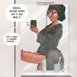 1futa bathrobe breasts clothed clothing dark-skinned_futanari dark_skin dialogue english_text erect_penis erection eustache evelyne(eustache) futa_only futanari glasses huge_cock human hyper hyper_penis lord_eustache mirror mostly_clothed penis penis_expansion penis_growth phone robe selfie solo standing surprised text towel towel_on_head wide-eyed