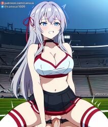 ai_generated alisa_mikhailovna_kujou anime blue_eyes cheerleader cheerleader_outfit clenched_teeth cowgirl_position kuze_masachika large_breasts pussy ranwai sex silver_hair stable_diffusion tokidoki_bosotto_russian_de_dereru_tonari_no_alya-san uncensored vaginal_penetration vaginal_sex