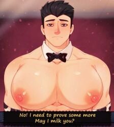 1boy animal_print bara bara_tiddies bara_tits big_breasts big_pecs black_bowtie black_hair bowtie bowtie_only busty erect_nipples francis_mosses huge_breasts huge_pecs huge_pectorals human human_only light-skinned_male light_skin looking_at_viewer male male_chest male_focus male_nipples male_only manboobs milkman moobs muscular muscular_male nipples pecs pectorals solo solo_focus solo_male standing text text_box that's_not_my_neighbor