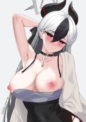 absurdres aged_up amai-pai arm_behind_head armpits black_hair black_horns blue_archive blush breasts bright_pupils clothes_pull demon_horns dress_pull ear_piercing embarrassed fanbox_username female gehenna_academy_student grey_halo hair_between_eyes halo highres horns kayoko_(blue_archive) kayoko_(dress)_(blue_archive) large_breasts logo long_hair looking_at_viewer mature_female mole mole_on_neck multicolored_hair nipples official_alternate_costume patreon_username piercing problem_solver_68_(blue_archive) red_eyes simple_background single_bare_shoulder solo two-tone_hair upper_body watermark white_hair white_pupils