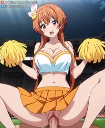 1boy 1girls ai_generated anime cheerleader cheerleader_outfit cowgirl_position female human large_breasts male nisekoi orange_eyes orange_hair ranwai sex stable_diffusion tachibana_marika vaginal_penetration vaginal_sex