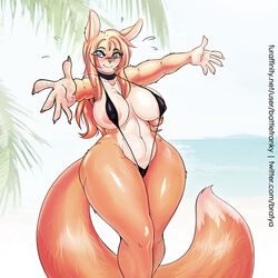 anthro battle_franky blue_eyes blush breasts claws clothed clothing detailed_background fan_character female female_only ferra_(battle_franky) fluffy fluffy_tail fox nipples nipples_visible_through_clothing orange_fur orange_hair partially_clothed pussy smile solo tail vagina