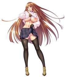 1girls aoi_nagisa_(artist) bangs blue_eyes blunt_bangs blunt_ends blush breasts brown_hair choker female female_only full_body gloves highres hime_cut koukawa_asuka kunoichi large_breasts long_hair looking_at_viewer navel ninja nipples official_art open_mouth panties pantyhose pleated_skirt pussy_juice shirt_lift simple_background skirt skirt_lift solo solo_focus standing stomach tagme taimanin_(series) taimanin_rpgx torn_clothes torn_legwear underwear white_background