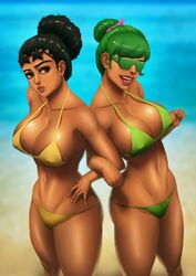 2girls akiru bet bikini black_hair black_skin breasts channel-tan curly_hair disney female green_hair swimsuit