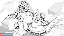 16:9 1boy anthro anthrofied ass black_markings claws erection feet finger_claws grin groudon holding_penis lapatte legendary_pokémon line_art lying male markings nintendo on_back partially_colored patreon penis pokémon_(species) pokemon pokemon_rse presenting presenting_balls presenting_penis ridged_penis rock scalie smile solo spikes spread_legs spreading tail tail_claws testicles text thick_thighs toe_claws url video_games watermark wide_hips widescreen