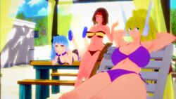 3girls arlinda_conner_(oc) beach breasts collaboration flip_flops green_eyes greentees hands_behind_head hands_on_head headgear huge_breasts human humanoid jazz_(oc) koikatsu laying_on_table limis looking_at_viewer monster_girl multiple_females original_character original_characters purple_bikini red_hair robot_girl sandals sitting_on_chair slime_hair striped_bikini swimsuit swimsuits yellow_hair