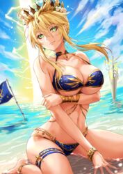 1girls anklet arm_under_breasts artoria_pendragon artoria_pendragon_(lancer) bangs bare_shoulders belly_chain big_breasts bikini blonde_hair blue_bikini bracelet breast_hold breasts bright_pupils cleavage closed_mouth collarbone cross crown day eyelashes fate/grand_order fate_(series) female female_only flag flower green_eyes hair_between_eyes hair_flower hair_ornament highres hip_focus jewelry large_breasts light_rays lips long_hair looking_at_viewer nail_polish navel ocean outdoors sakiyamama sidelocks sitting sky smile solo swimsuit thigh_strap thighs underboob wariza white_pupils