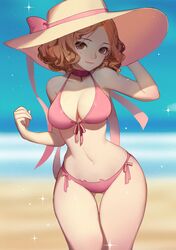 1girls beach bikini choker cleavage clothing female female_only haru_okumura hat headwear human kyomon light_brown_hair looking_at_viewer navel pale_skin persona persona_5 songjikyo sun_hat swimsuit swimwear wide_hips