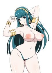 ;) aqua_eyes aqua_hair armlet armpits bracelet breasts cleavage cleopatra_(fate) curvaceous detached_collar earrings fate/grand_order fate_(series) female jabara_tornado jewelry large_breasts long_hair navel nipples ring simple_background smile stomach swimsuit thighs third-party_edit thumb_ring topless white_background