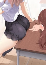 2girls ass ass_support ass_worship blush desk kaisen_chuui original original_character pointing_at_another school_desk school_uniform schoolgirl sitting_on_desk skirt tagme yuri