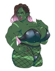 1girls big_breasts black_hair female fishnets green_skin hand_on_hip huge_ass huge_breasts kikis_tavern latex makeup muscular_female naughty_face orc orc_female original_character pink_lipstick scar seductive solo strapless tagme thick_thighs thong tusks wide_hips