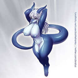 anthro ass battle_franky blue_body blush breasts claws closed_eyes dragon dragoness fan_character femacendramon female female_only furaffinity hair horns large_breasts long_hair nipples simple_background solo solo_female tail white_hair