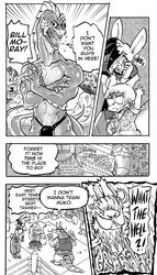 angry anthro armadillo bulge clothed clothing comic cookie_(furryfight_chronicles) daigaijin dialogue eel english_text female fish fur furryfight_chronicles group hair hi_res lagomorph leporid male mammal marine monochrome moray_eel muko rabbit rodent sciurid text thong topless tree_squirrel underwear xenarthran