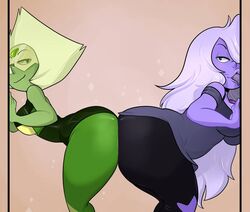 2girls alien alien_girl amethyst_(steven_universe) ass ass_to_ass big_ass blushmallet breasts bubble_butt cartoon_network clothed female female_only gem_(species) green_skin long_hair peridot_(steven_universe) purple_skin shortstack sideboob steven_universe tongue visor yuri