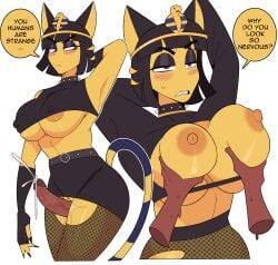 absurd_res animal_crossing ankha ankha_(animal_crossing) anthro areola areola_slip belt big_breasts biped black_eyelids black_hair blush bob_cut bodily_fluids bottomwear breast_grab breast_play breast_squish breasts clothed clothed_sex clothing clothing_lift collar cum dialogue digital_media_(artwork) disembodied_hand disembodied_penis domestic_cat duo ejaculation erect_nipples erection felid feline felis female female_on_human fishnet fishnet_leggings fishnet_legwear from_behind from_behind_position frown genital_fluids genitals gloves goth goth_ankha hair hand_on_breast handwear headgear headwear hi_res human human_on_anthro idolomantises interspecies legwear male male_on_anthro mammal miniskirt narrowed_eyes nervous nintendo nipple_outline nipples no_underwear orange_areola orange_nipples partially_clothed penis sex shirt shirt_lift simple_background skimpy skirt speech_bubble spiked_collar spikes squish sweat text thigh_sex topwear under_boob uraeus white_background yellow_body