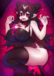 ass bed big_breasts blood blood_bag cleavage curvy dark_hair elizabeth_(osiimi) hair_bun huge_breasts looking_at_viewer object_between_breasts original original_character osiimi pale-skinned_female pale_skin pointy_ears red_eyes streaked_hair thick_thighs thighhighs vampire