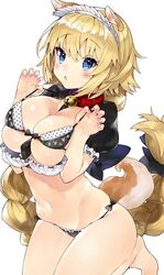 1girls animal_ears bare_legs bell bell_collar bikini bikini_pull black_bikini blonde_hair blue_eyes blush breasts collar dog_ears dog_tail fate/apocrypha fate_(series) hair_ribbon jeanne_d'arc_(fate) jeanne_d'arc_(fate)_(all) kou_mashiro large_breasts long_braid long_hair looking_at_viewer maid nail_polish navel open_mouth puffy_short_sleeves puffy_sleeves ribbon short_sleeves simple_background solo swimsuit tail white_background