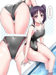 1girls breasts female female_only kazuno_sarah love_live! love_live!_sunshine!! multiple_views one-piece_swimsuit purple_eyes purple_hair solo_female speech_bubble swimsuit viewed_from_behind viewed_from_below