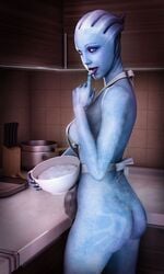 1girls 3d apron asari asarimaniac ass blue_eyes blue_skin cooking female female_only flour handprint kitchen liara_t'soni licking_fingers looking_at_viewer mass_effect seductive_look solo