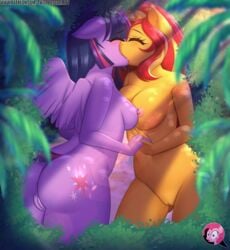 2girls alicorn anthro big_ass big_breasts breasts_pressed_together casual equine eyes_closed female female/female female_only french_kissing furry hand_holding kissing making_out my_little_pony nude nude_female princess_twilight_sparkle_(mlp) sunset_shimmer sunsetsparkle tropical twilight_sparkle_(mlp) twistedscarlett60 wings yuri