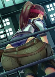 armor ass ass_focus brown_hair clothed final_fantasy final_fantasy_vii final_fantasy_vii_remake headband headgear jessie_rasberry lace_panties leotard leotard_under_clothes outline panties ponytail sitting treeofbless underwear underwear_outline whale_tail