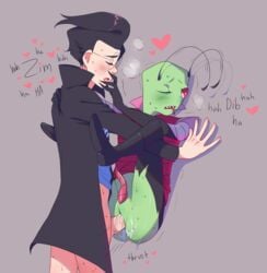 2boys against_wall alien alien_genitalia alien_penis antennae antennae_(anatomy) black_hair blush boots coat color colored cuntboy cuntboy_sans_balls dialogue dib_membrane elbow_gloves eyes_closed four_fingers gay glasses green_skin half-closed_eyes hearts herm hermaphrodite human intersex invader_zim irken male male_on_cuntboy male_only maleherm multi_genitalia nickelodeon one_eye_closed open_mouth penis pierced_ears piercing pink_eyes precum pussy pussy_juice pussy_juice_drip ripped_clothing ripped_pants sex shaded shadow sharp_teeth simple_background smooth_skin sweat teeth text text_bubble tongue_out trembling trenchcoat vaginal vaginal_penetration vaginal_sex visible_breath yaoi zadr zim