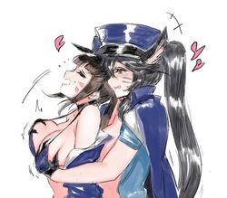 2girls ahri animal_ears big_breasts black_hair breasts d.va league_of_legends multiple_girls officer_ahri orange_eyes overwatch police_officer_d.va yuri