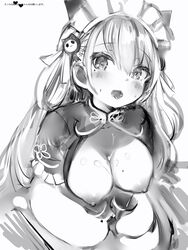 breasts breasts_out copyright_request cum cum_on_body cum_on_breasts cum_on_upper_body eyebrows_visible_through_hair female gloves greyscale hair_ornament highres large_breasts long_hair looking_at_viewer maid_headdress monochrome nanashi_(nlo74593630) nipples own_hands_together shrug_(clothing) simple_background smile solo tongue tongue_out v_arms white_background