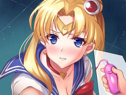 bishoujo_senshi_sailor_moon blonde_hair blue_eyes blush breasts cleavage clothing female kurenai_(kurenai_pso) sailor_moon sailor_moon_redraw_challenge usagi_tsukino vibrator