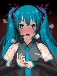 aqua_eyes aqua_hair aqua_nails aqua_neckwear bare_shoulders black_sleeves detached_sleeves female grey_shirt hair_ornament hatsune_miku headphones headset heart-shaped_pupils heavy_breathing long_hair looking_at_viewer nail_polish necktie nishikino_kee open_mouth penetration_gesture sex_gesture shirt sleeveless sleeveless_shirt tied_hair twintails very_long_hair visible_air vocaloid